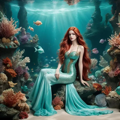 Prompt: Ariel wearing (Loewe), striking pose, long flowing hair, detailed facial features, ethereal expression, fashionable elements, elegant and stylish outfit, enriched textures, vibrant colors, underwater ambiance, soft turquoise hues, shimmering light, (HD), enchanting atmosphere, capturing the essence of a modern mermaid, elegant drapery and intricate design elements around her, marine flora in the background.