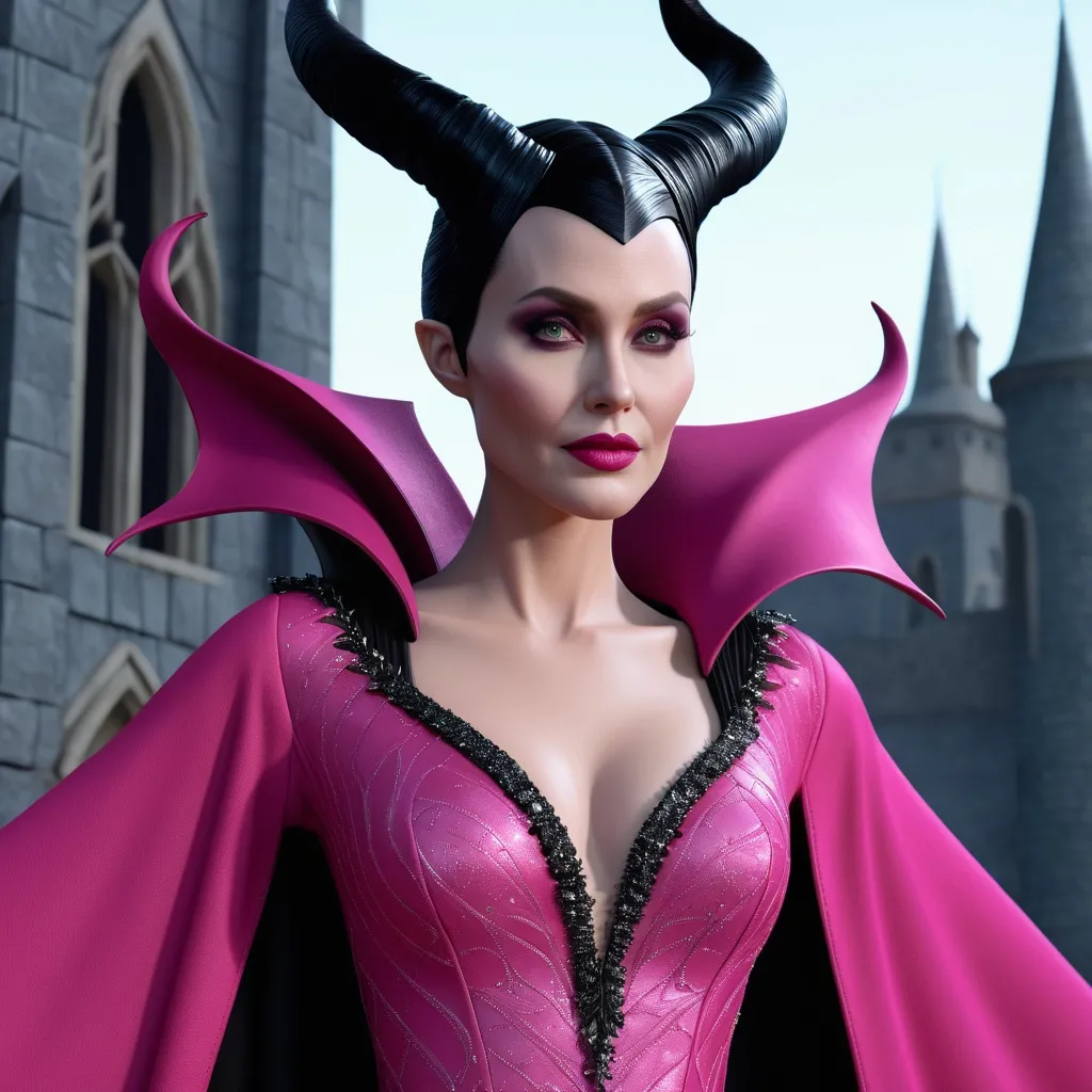 Prompt: Hyper realistic 64k 3d Maleficent in hyper realistic and very detailed 64 3d hd, wearing a Valentino pink outfit, very detailed Valentino dress 64k Reflex ultra hd quality 