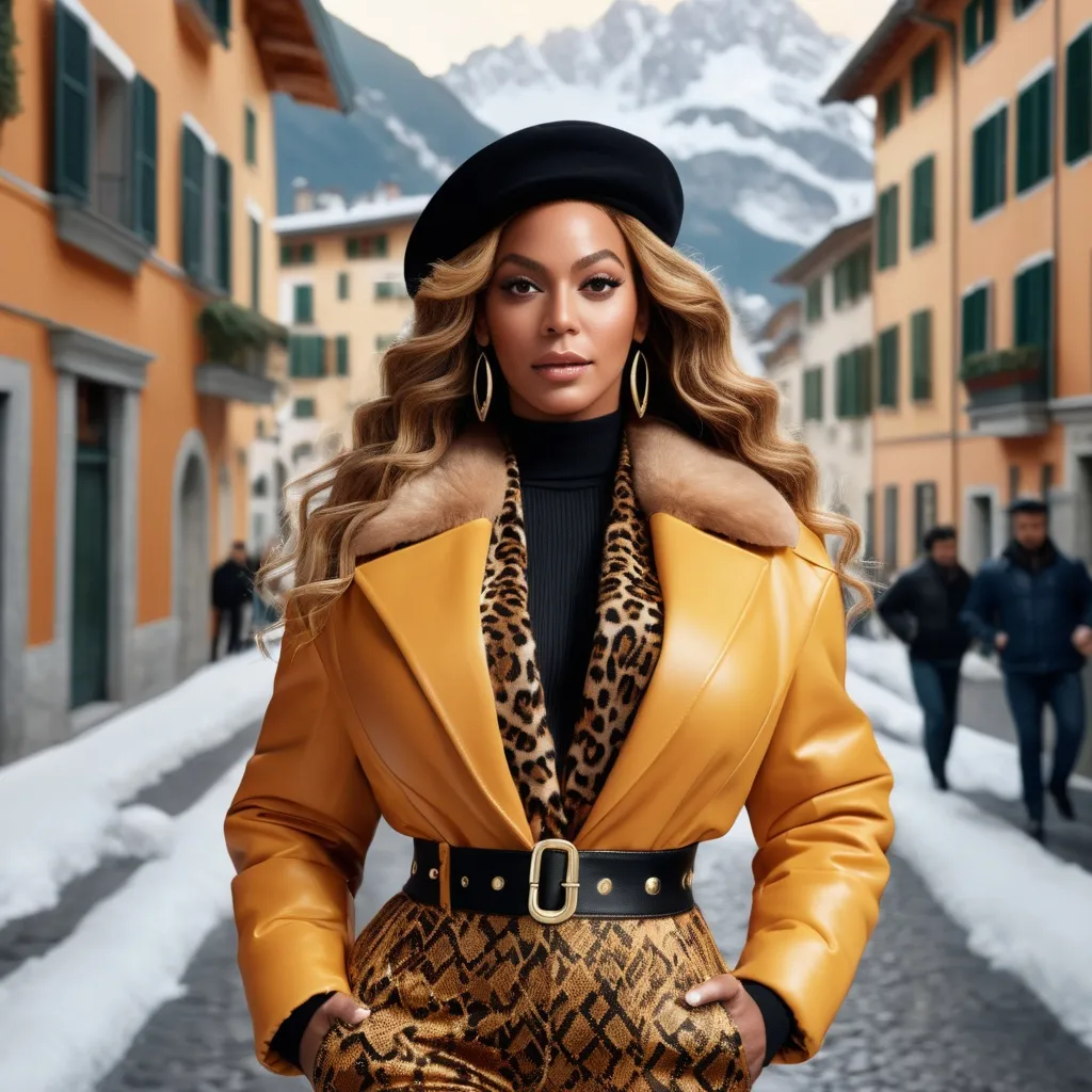 Prompt: Hyperrealistic 3D Beyoncé in 80s italian Courmayeur winter and cold fashion, photorealistic, accurate features, Versace outfit, high resolution 64k, detailed textures, realistic lighting, Capri street backdrop, sophisticated, elegant, photorealism, Italian fashion, 80s style, high quality, Versace, detailed design, accurate, realistic rendering, lifelike, professional, professional lighting 