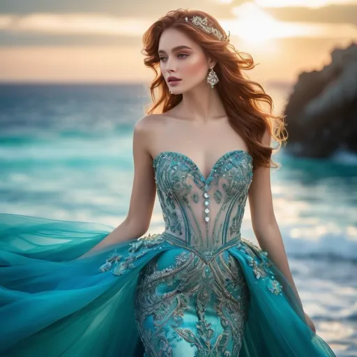 Prompt: Ariel wearing Chanel, high fashion, vibrant ocean backdrop, flowing gown with intricate details, detailed facial features, ethereal lighting, high quality, haute couture, vibrant colors, elegant, underwater fantasy, detailed embroidery, luxury, oceanic, glamorous, couture, ethereal lighting, highres, ultra-detailed, elegant, vibrant, detailed gown, high fashion, detailed facial features, atmospheric lighting