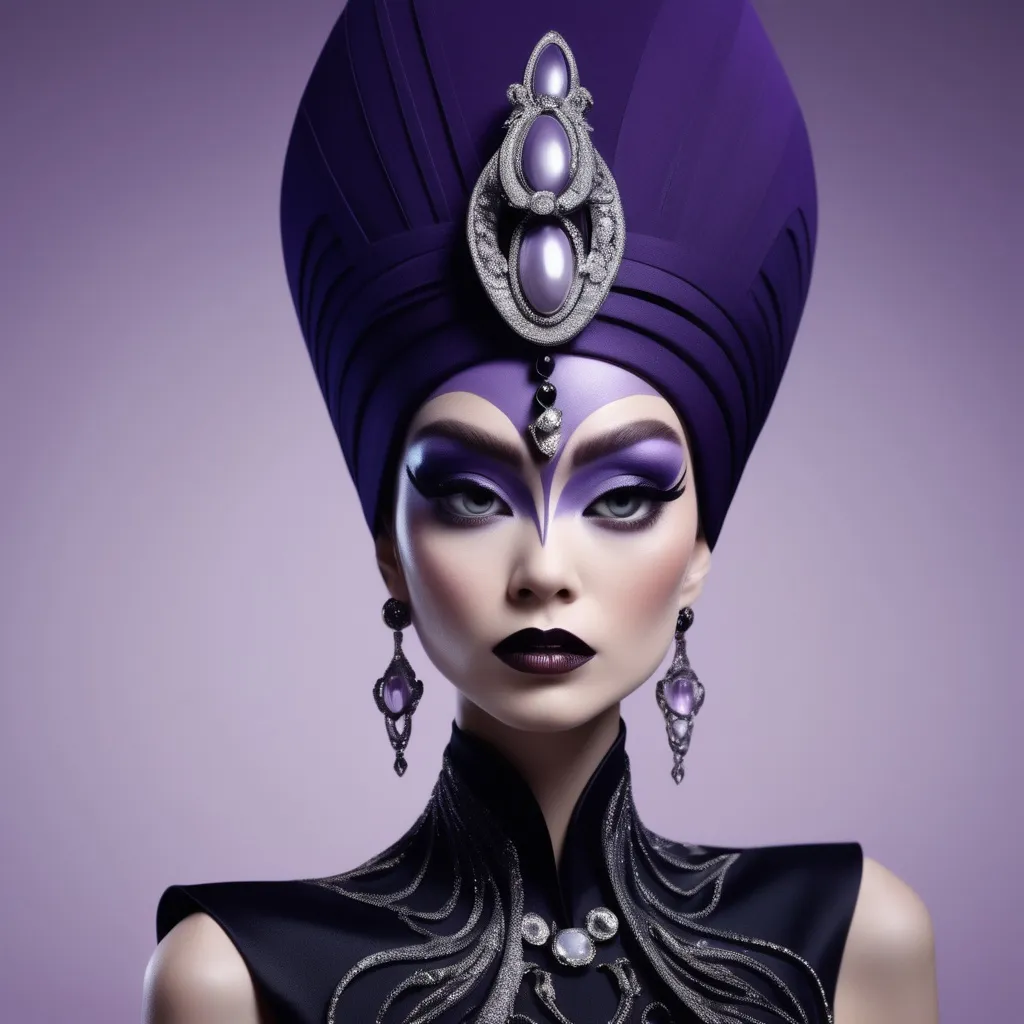 Prompt: (Yzma reimagined by Dior), (high fashion), elegant silhouette, (luxurious textures), bold colors with a modern twist, dramatic makeup, intricate patterns, avant-garde accessories, (cinematic lighting), elegant pose, ornate background, infused with enchantment and sophistication, (4K), ultra-detailed, echoing both whimsy and high-end couture aesthetics.