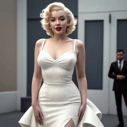 Prompt: Very detailed and hyper realistic Marilyn Monroe wearing a hyper realistic and very detailed Off White dress 64k, ultra hd, 3d quality  500mpx reflex 