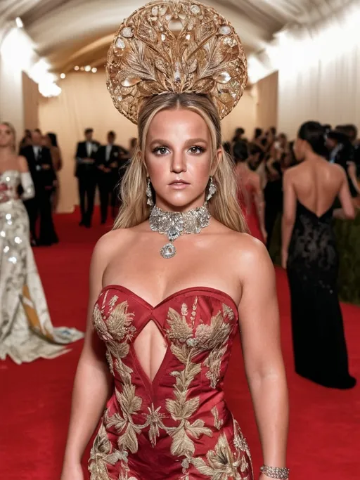 Prompt: Realistic depiction of the Met Gala event, Britney Speara attendees in high fashion outfits, detailed facial expressions and accessories, red carpet glamour, intricate embroidery and luxurious fabrics, photorealistic, high quality, detailed realism, Met Gala, celebrity fashion, red carpet, luxurious fabrics, detailed facial expressions, glamorous event, intricate embroidery, high fashion, accessories, photorealism, realistic lighting