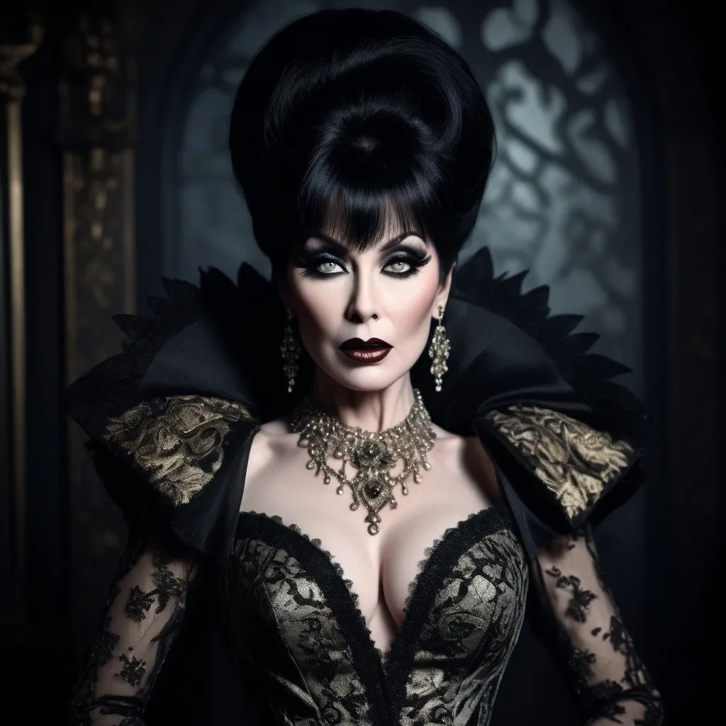 Prompt: (Cinematic portrait of Elvira), wearing (iconic Rabanne couture), dramatic lighting, expressive pose, high contrast, shadow play, vintage elegance, ultra-detailed, gothic-inspired elements, soft muted tones juxtaposed with bold metallic, intricate patterns, captivating and enigmatic expression, stylish and chic, luxurious fabric textures, fashion masterpiece