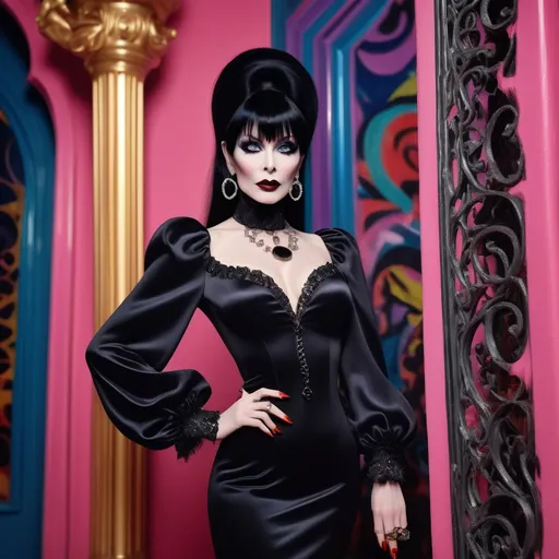 Prompt: Elvira in Miu Miu, (gothic glamour), fashion-forward ensemble, (vibrant colors), striking contrast, bold accessories, dramatic makeup, (elaborate details), captivating pose, abstract background, playful yet elegant vibes, high fashion atmosphere, ( HD, ultra-detailed), stylish urban setting, blending classic horror aesthetic with contemporary fashion.