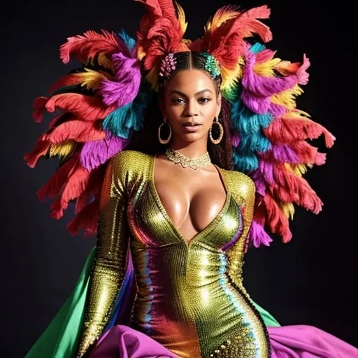 Prompt: Beyoncé in Gucci Pride Month dress, vibrant and colorful, high fashion photography, bold and confident pose, flowing fabric with intricate details, high quality, fashion photography, vibrant colors, pride month, detailed design, confident pose, professional lighting