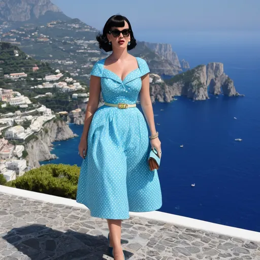 Prompt: Katy Perry as an accurate 50s Italian woman in Capri wearing Prada