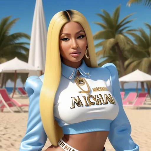 Prompt: Hyperrealistic 3D Nicki Minaj in 90s italian Milano Marittima Beach summer and hot fashion Moschino, photorealistic, accurate features, Moschino outfit, high resolution 64k, detailed textures, realistic lighting, Milano Marittima beach backdrop, sophisticated, elegant, photorealism, Italian fashion, 90s style, high quality, Moschino, detailed design, accurate, realistic rendering, lifelike, professional, professional lighting 