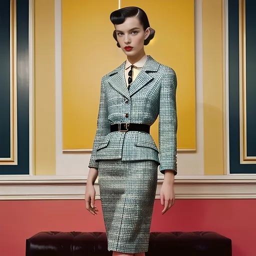 Prompt: Prada 1950s style elegant silhouette, classic tailored look, vibrant colors, rich textures, polished accessories, soft lighting, nostalgic ambiance, high-quality detail, reminiscent of mid-century fashion photography, chic hairstyle, playful patterns, stylish footwear, retro elegance