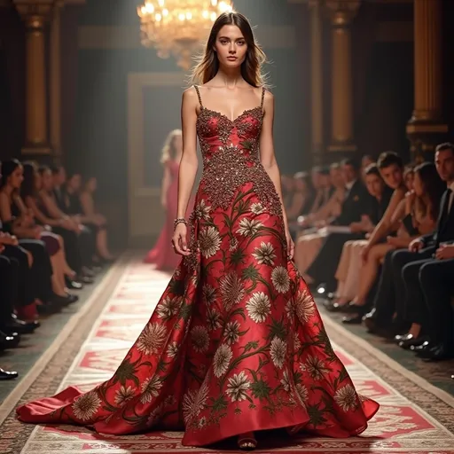 Prompt: (Dolce&Gabbana dress), elegant fashion, haute couture, intricate floral patterns, luxurious fabric textures, vibrant colors, dramatic silhouette, high-quality fabric details, stunning embellishments, graceful design, soft, warm lighting, an opulent fashion show environment, ultra-detailed, 4K resolution, glamorous ambiance, showcasing sophisticated style and chic aesthetics.