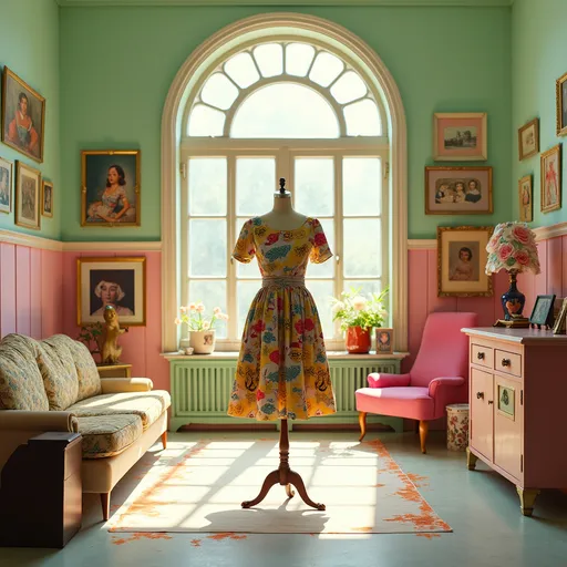 Prompt: Moschino dress as in a Wes Anderson dream 