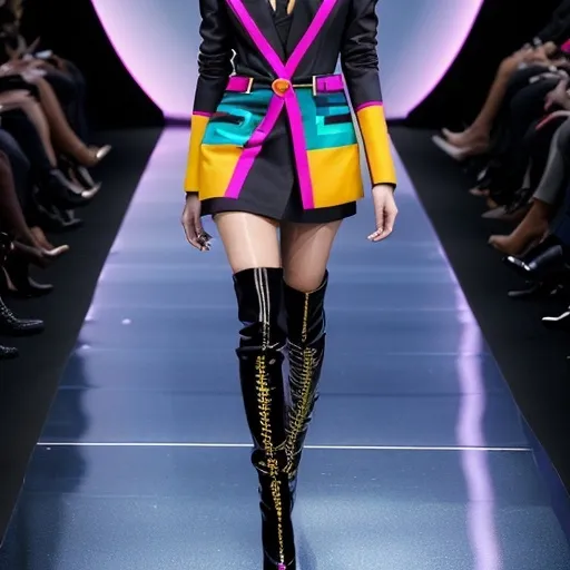 Prompt: Men’s blazer as a (fashion dress), high-heeled boots, (vibrant colors), modern design, chic and stylish, dramatic flair, unique ensemble, striking contrast, luxurious fabric textures, sleek silhouette, fashion runway atmosphere, (ultra-detailed), showcasing bold femininity, (high fashion), contemporary styling, inspiring confidence and elegance.