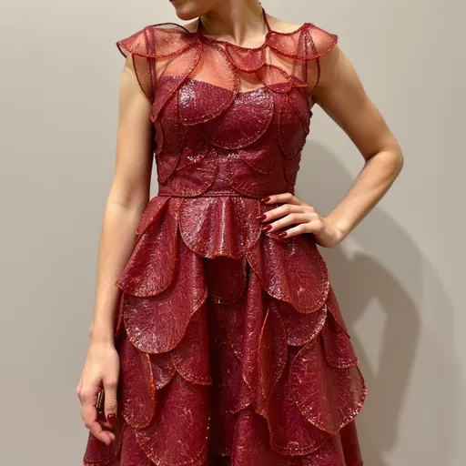 Prompt: (Bresaola dress), a unique and stylish outfit crafted from delicately sliced cured beef, (artistic fashion design), showcasing stunning textures and layers, (vibrant colors) reflecting rich shades of red and brown, (웨어어 ира心水论坛) dramatic and eye-catching, complemented by sophisticated styling, ultra-detailed, HD quality, set against a minimalist backdrop to enhance the dress's allure.