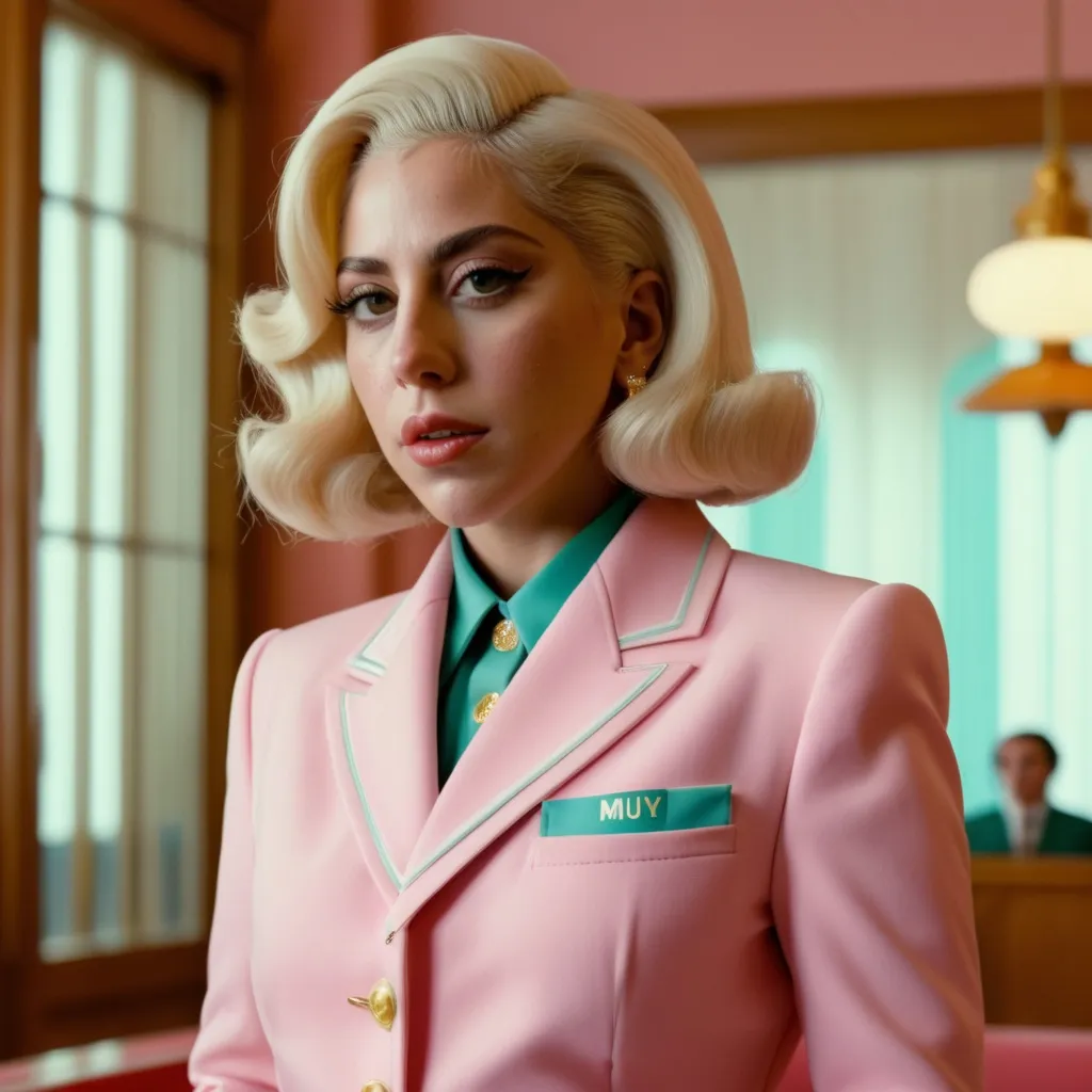 Prompt: Hyper realistic Lady Gaga wearing a Miu Miu outfit in a Wes Anderson Movie 64 k ultra hd quality 