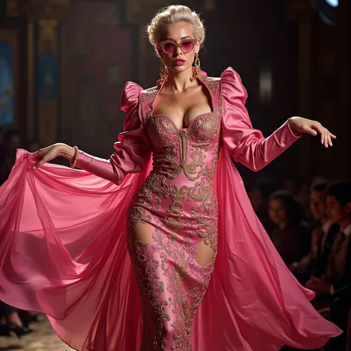 Prompt: (Galinda from Wicked in pink silk 
Versace), (stylish glam), vibrant colors, intricate patterns, warm lighting, flowing fabrics, luxurious textures, bold accessories, expressive facial features, charismatic pose, magical atmosphere, richly detailed background, high quality, (ultra-detailed), fashion-forward elegance, modern runway vibe.