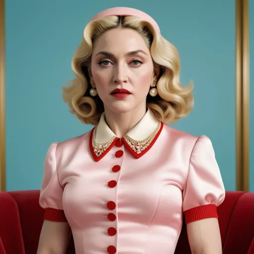 Prompt: Hyper realistic Madonna wearing a Miu Miu outfit in a Wes Anderson Movie ultra hd 64k quality 3d