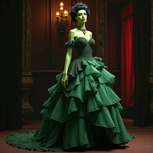 Prompt: (Elphaba in haute couture), elegant Chanel dress, dramatic green skin, striking facial features, (high fashion pose), bold accessories, luxurious fabric textures, striking makeup, (sophisticated ambiance), vibrant colors, dramatic lighting, (ultra-detailed), (fashion masterpiece), unique and timeless blend of classic aesthetics with fantasy, stunning background.