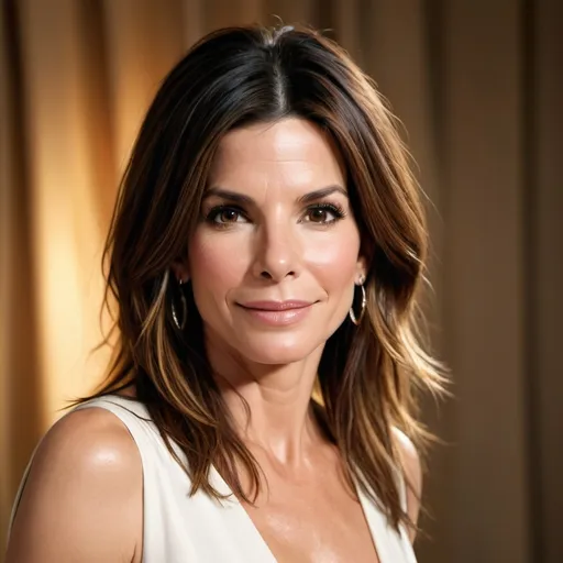 Prompt: (Sandra Bullock), vibrant portrait, expressive facial features, playful smile, soft lighting creating a whimsical ambiance, background of a warm, sunlit studio, cinematic depth, engaging colors, HD resolution, elegant tones, capturing her charm and charisma, inviting atmosphere, artful composition, radiant and lively personality.