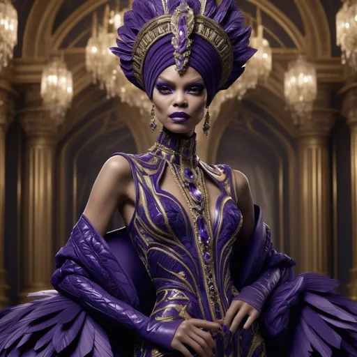 Prompt: (Yzma reimagined by Balmain), high fashion design, (dramatic couture), intricate detailed patterns, luxurious textures, bold colors, vibrant and elegant, fierce expression, captivating and stylish pose, elaborate background with a regal theme, (4K), ultra-detailed, cinematic atmosphere reflecting a blend of whimsy and high-end fashion.