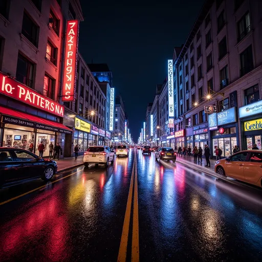 Prompt: (vibrant city lights at night), illuminated buildings, bustling streets, neon reflections on wet pavement, dynamic cars passing by, lively atmosphere, whimsical color splashes of reds, blues, and yellows, high contrast and deep shadows, (cool tones), ultra-detailed, HD, cinematic ambiance, capturing the essence of urban energy and movement.