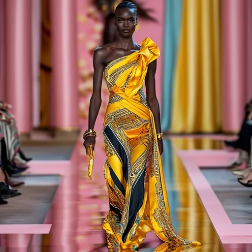 Prompt: Versace silk long dress (elegantly flowing), one shoulder design, luxurious fabric textures, vibrant patterns, soft sheen. Elegant ambiance with a refined and stylish mood, high fashion aesthetic, upscale fashion shoot, HD, ultra-detailed backdrop of fashion runway or luxurious interior, dramatic lighting, highlighting the dress’s exquisite details.