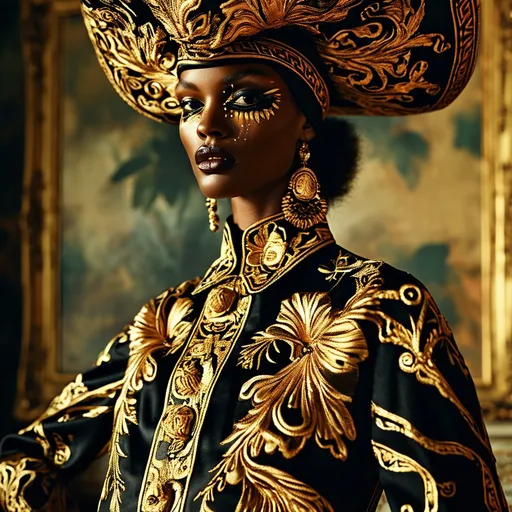 Prompt: Versace Halloween dress, (luxurious design), opulent embroidery, rich gold and black fabric, dramatic silhouette, elaborated floral patterns, shadowy ambiance, (high fashion), vibrant accents, intricate details, captivating Halloween vibe, fashionable model wearing the dress, ultra-detailed, (4K), stylish and mesmerizing atmosphere.