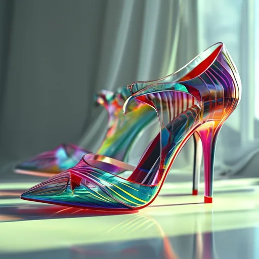 Prompt: (plexiglass shoes), sleek and modern design, translucent with intricate patterns, dynamic reflections and light play, vibrant color tones, (highly detailed), contemporary fashion statement, emitting a futuristic vibe, stylish accessories surrounding, minimalist background, emphasizing shoes’ unique structure, ultra-detailed, 4K resolution.