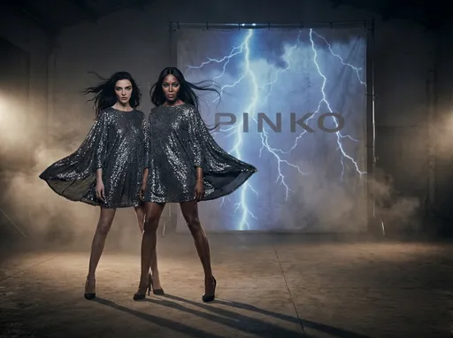 Prompt: Visualize Maria Carla Boscono and Naomi Campbell in a dramatic, dark studio setting, the atmosphere charged with tension as gusts of wind whip through the space, fluttering the edges of their stunning sequinned mini dresses in shades of deep grey. Thunder rumbles and streaks of lightning strike the backdrop, casting an otherworldly glow on the models, illuminating their fierce expressions and confident postures. The studio is adorned with shadows that dance around them, enhancing the electric mood of the campaign for Pinko. Each model emanates strength and elegance, striking artistic poses that harmonize perfectly with the stormy ambiance. The lighting is cinematic, highlighting the intricate details of the dresses, and merging fashion with an avant-garde artistic vision.
