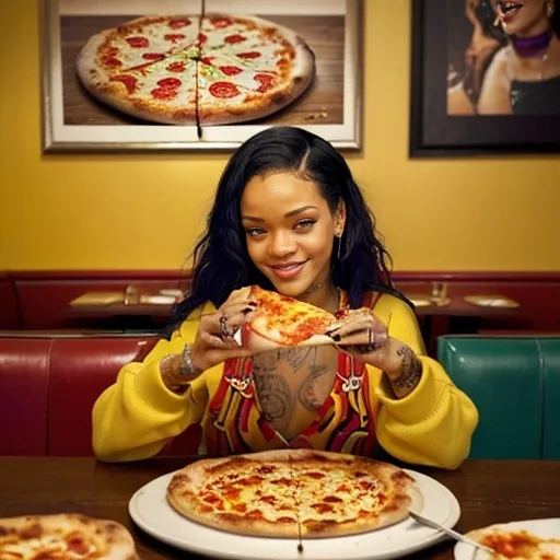 Prompt: (Rihanna enjoying pizza), casual dining setting, warm and vibrant colors, accentuating her joyful expression, artistic and fun ambiance, details of a delicious pizza with melty cheese and toppings, soft background with tasteful decor, ultra-detailed, photorealistic, evoking a cozy and inviting atmosphere.