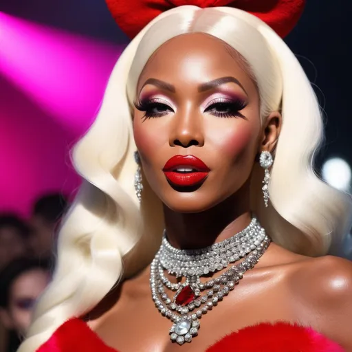 Prompt: Hyper realistic Naomi Campbell as Amanda Lepore ready with a rave party festival total look in Berlin ready to party 