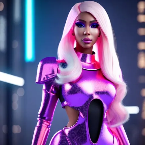 Prompt: Dressed like a very realistic Nicki Minaj Robotic Pleiadian Nordic blonde from the Galactic Federation of Light,  high resolution, 3D render, style of cyberpunk 