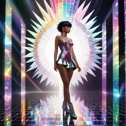 Prompt: A majestic Rihanna, her form ingeniously crafted from a myriad of shattered CDs, standing amidst a garage sale in a prism-punk utopia. This ethereal figure, a mosaic of reflective fragments, exudes an aura of serene omnipotence. The CDs, once symbols of a technological past, now repurposed, give her a radiant, holographic appearance. The surrounding environment is a fusion of vivid colors and geometric shapes, embodying the quintessence of prism-punk aesthetics. Imagine a time-lapse effect at play, where the world around her moves in accelerated motion: people perusing the garage sale blur into swift, fluid movements while she remains a tranquil, unchanging beacon amidst the hustle. Sunlight catches on her fragmented form, casting kaleidoscopic patterns that dance across the utopian landscape. This scene encapsulates ultimate serenity within a dynamic, ever-changing world, symbolizing the timeless grace amidst the relentless passage of time. 