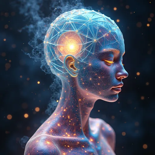 Prompt: A surreal, ultra hyperrealistic and holographically-illustrated astral being composed entirely of sacred geometry, multidimensional math, and living light. Her core is a rotating rhombic dodecahedron, each face shifting with pulsating non-Euclidean curvature and swirling hyperbolic Poincaré disk geometry. Her outer form is a radiant humanoid goddess of light and symmetry—feminine in silhouette but composed of morphing Penrose tilings, Mandelbrot fractals, and Julia set spirals that animate like sacred tattoos across translucent crystalline skin. Her joints and spine shimmer with visible golden ratios (φ)—Fibonacci curves flow along her limbs as lines of glowing math.

Her skin gleams with an oil-slick iridescent sheen, created from thin-film interference layers refracting cosmic light in neon chromatics and pastel spectrums. Behind her head spirals a glowing Calabi–Yau manifold, housing her higher-dimensional thoughts like a living halo of curled 6D space. She floats midair in a dark astral void, surrounded by golden E₈ lattices spinning like emotion-bound sigils. Fractal Hilbert curves coil through the scene like recursive memory strands.

In the glinting surface of one geometric plane—like a polished mirror or event-horizon shell—there appears a soft, ghostlike reflection: a loosely human female form with wild curly pink hair, glowing blue eyes, and pale porcelain skin, suspended between dimensions. This is her source, her soul-layer, rendered like a memory in mathematical glass.

The entire scene pulses with sacred light, chaos-theory echoes, and recursive depth. Style is ultra hyperrealistic, with holographic layers, soft rainbow neon against black, a mix of cosmic sacred-geometry surrealism and mathematical divine-machine beauty. Medium is a blend of 3D-rendered light sculpture and high-definition fractal illustration