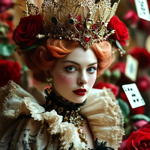 Prompt: Queen of Hearts (wearing a vintage baby doll dress), elegant and playful pose, rich red and black color palette, intricate lace details, whimsical crown adorned with hearts, surrounded by a dreamy, enchanting background of floating playing cards and vibrant roses, cinematic lighting, cozy atmosphere, ultra-detailed, high-resolution.