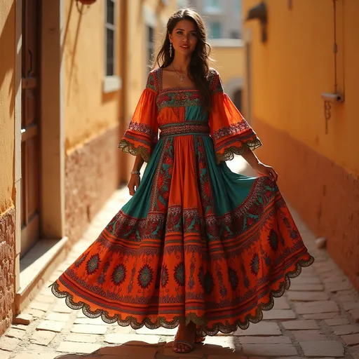 Prompt: (Spanish outfit look), vibrant colors, detailed embroidery, traditional patterns, lively atmosphere, flowing fabrics, warm sunlight, textured background, cultural elements, high fashion essence, flowing skirts and jackets, captivating accessories, elegant footwear, ultra-detailed, rich and expressive compositions, cultural heritage, dreamy and festive vibe, 4K quality.