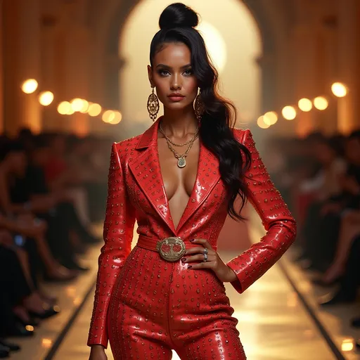 Prompt: (Wanda Maximoff), stylish in a vibrant (Gucci) outfit, exuding confidence, dramatic pose, luxurious details, backdrop of an upscale fashion runway; lighting is bright and glamorous, highlighting glamorous textures and colors, captivating fashion-forward ambiance, powerful presence, ultra-detailed characters, HD quality, evokes elegance and modernity.