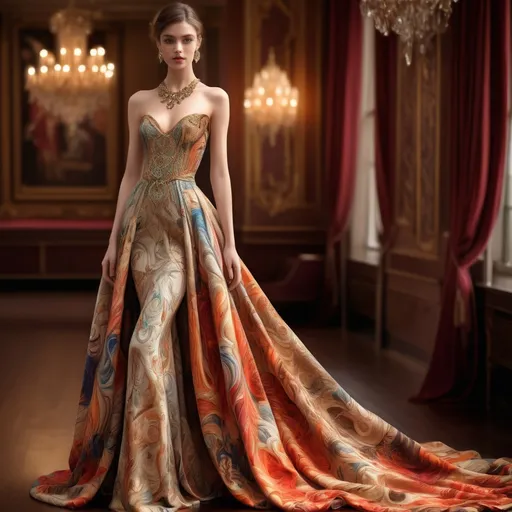 Prompt: (elegant dress), (stylish fabric), flowing design, intricate details, luxurious texture, vibrant colors, warm ambiance, (graceful draping), exquisite embellishments, soft lighting, enchanting atmosphere, rich patterns, HD, ultra-detailed, stunning visual composition, ideal for fashion showcase, inviting elegance