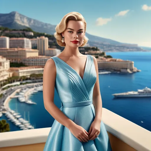 Prompt: Hyper-realistic full-body photography illustration of Margot Robbie as Grace Kelly, detailed Prada outfit, Monte Carlo Bay in the background, hyper-realistic, detailed features, realistic lighting, high quality, realistic view, professional, detailed, glamorous, actress, iconic, Prada classic dress, Monaco, coastline, elegant, realistic setting, highres, detailed portrait, 64k reflex 