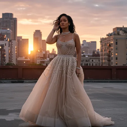 Prompt: Imagine Rihanna standing confidently in a sun-drenched urban environment, her elegant silhouette accentuated by a breathtaking Dior gown that flows like liquid silk. The late afternoon sun casts a warm glow, illuminating the intricate details of the dress - shimmering beads and delicate lace that catch the light with each movement. She gazes thoughtfully into the distance, a soft breeze tousling her hair, adding a sense of dynamism to the scene. The backdrop consists of a vibrant cityscape, with tall buildings framed by a painted sky of soft pink and orange hues, hinting at the magic of twilight. This image captures not just fashion, but the essence of a moment infused with luxury and confidence, portrayed in a cinematic lighting style that enhances the rich colors and textures.