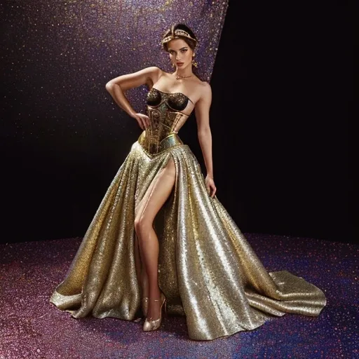 Prompt: Stunning Ariel, (elegantly posed) wearing (Dolce&Gabbana) metallic corset adorned with paillettes, paired with a flowing long metallic skirt, beautifully capturing the glimmer and shine, vibrant colors reflecting light, (high-fashion masterpiece), sleek background emphasizing allure, ultra-detailed, cinematic atmosphere, showcasing glamour and sophistication, polychromatic shimmer throughout the attire.