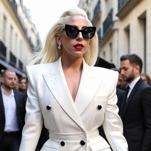 Prompt: Photorealistic Lady Gaga wearing Saint Laurent Outfit and makeup 
in Paris 