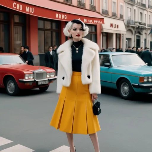 Prompt: Hyper realistic Cruella wearing a Miu Miu skirt outfit in a Wes Anderson Movie avoiding pink