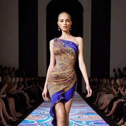 Prompt: (Pucci dress), vibrant colors, swirling patterns, abstract designs, luxurious fabric, high fashion, elegant draping, soft shadows, (photorealistic), captivating details, fashion runway, artistic ambiance, flowing movement, (ultra-detailed), rich contrast, stylish presentation, upscale setting, glamourous lighting, chic atmosphere.