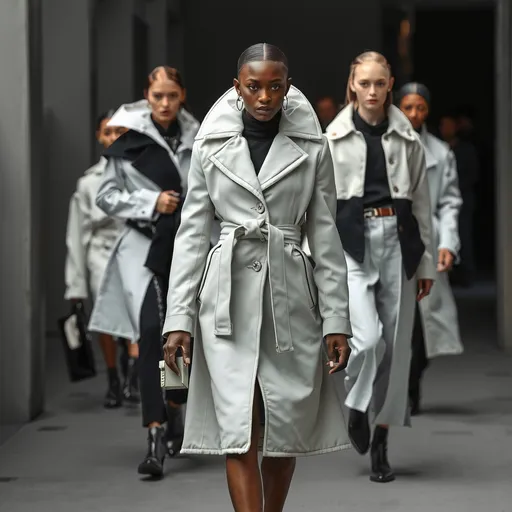 Prompt: Balenciaga design, (high fashion aesthetic), bold silhouettes, (avant-garde style), innovative tailoring, intriguing textures, clean lines, striking contrasts, (elegant silhouettes), urban chic ambiance, monochrome palette, luxurious materials, (fashionable accessories), high quality, ultra-detailed, 4K resolution.