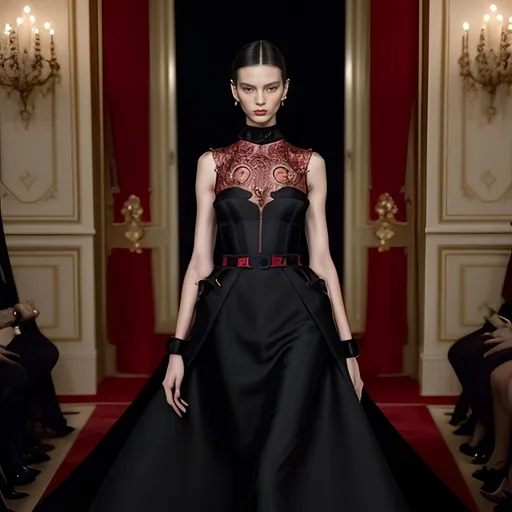 Prompt: (valentino), exquisite fashion, luxurious textures, vibrant red and black color palette, elegant silhouette, high-end atmosphere, iconic motifs and styles, exquisite detailing, glamorous lighting, sophisticated elegance, runway-inspired, ultra-detailed, chic ambiance, modern design elements, ample negative space to highlight the fashion, HD quality, captivating and aspirational mood.