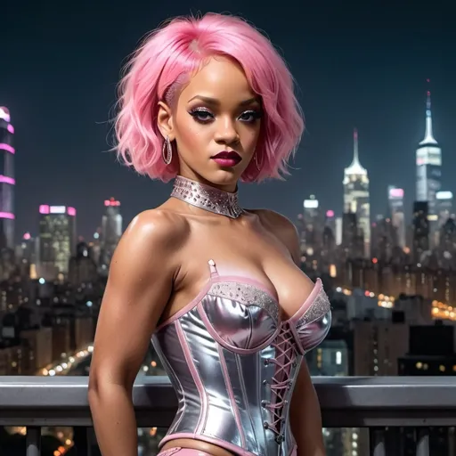 Prompt: Delicate gorgeous Rihanna buxom drag queen bodybuilder overlooking city from balcony, short stylish pink hair, photorealism, silver corset in a metropolitan nightscape, skyscrapers, highly detailed, 8k photo, photorealistic, delicate beauty, intricate details, city lights, atmospheric lighting