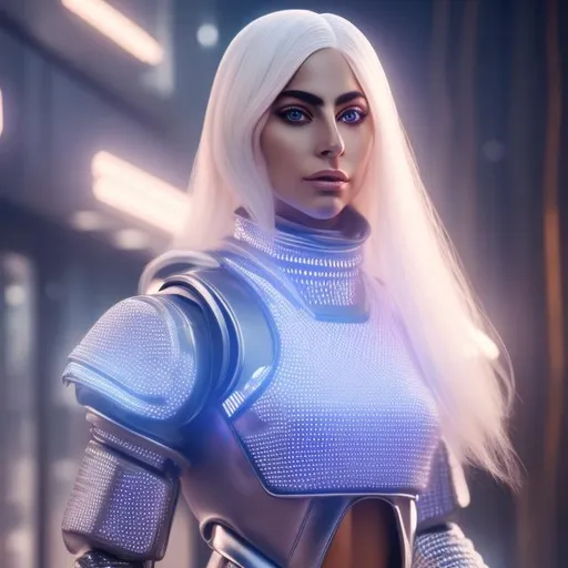 Prompt: Dressed like a very realistic Lady Gaga Robotic Pleiadian Nordic blonde from the Galactic Federation of Light,  high resolution, 3D render, style of cyberpunk 