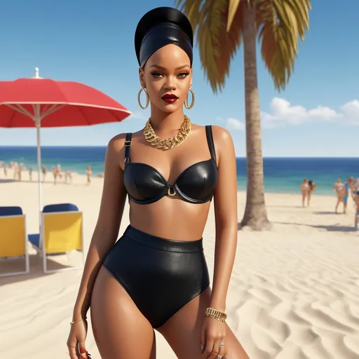 Prompt: Hyperrealistic 3D Rihanna in 90s italian Rimini Beach summer and hot fashion Moschino, photorealistic, accurate features, Moschino outfit, high resolution 64k, detailed textures, realistic lighting, Rimini beach backdrop, sophisticated, elegant, photorealism, Italian fashion, 90s style, high quality, Moschino, detailed design, accurate, realistic rendering, lifelike, professional, professional lighting 