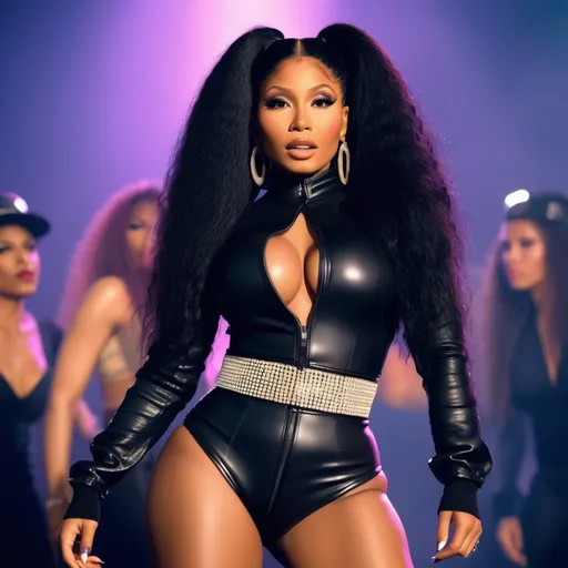 Prompt: Hyper realistic Nicki Minaj as Janet Jackson wearing a very accurated and hyper realistic look as rave dancer in the 1990s in Madrid 3d quality 64k Hd