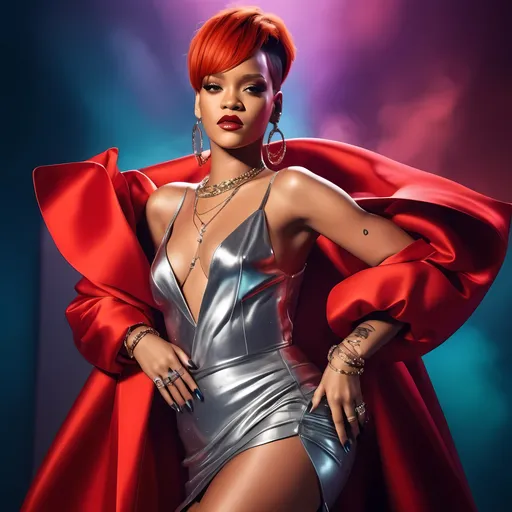 Prompt: (Ultrarealistic photograph of Rihanna), confident expression, glamorous outfit, stylish accessories, (dynamic pose), enchanting background with dramatic lighting, vibrant color palette, capturing her charisma and presence, (music-themed elements), high fashion vibe, ultra-detailed, captivating atmosphere, powerful aura and allure, radiating strength and elegance.